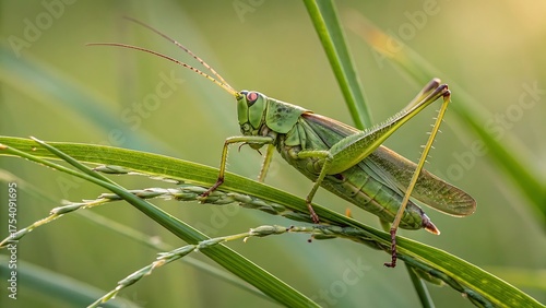 A detailed macro close-up of a green grasshopper on a leaf, highlighting the insect's antenna and eye