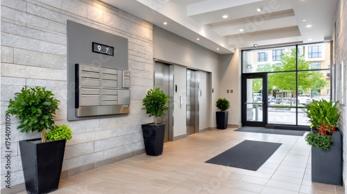 Obraz na płótnie Modern building lobby showing elevators and mailboxes
