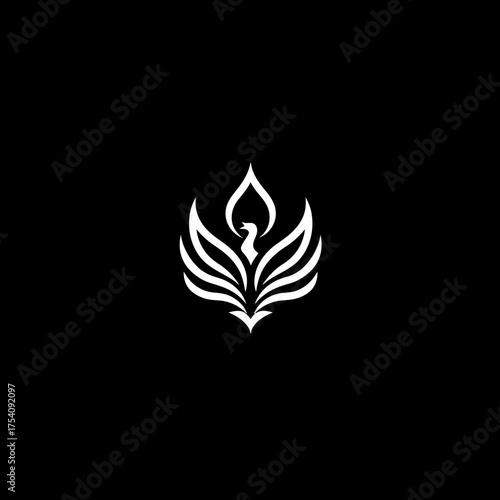 Elegant white phoenix bird logo with abstract flame wings on a black background. Modern graphic symbol of rebirth, power, and transformation.