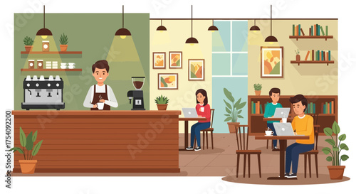 Animated illustration of a cozy cafe interior with barista and patrons working on laptops