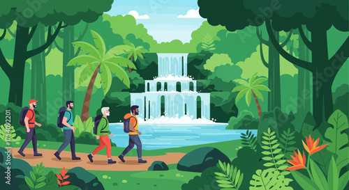 Adventurous journey through lush tropical forest with cascading waterfall scenery