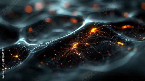 Abstract, glowing illustration of a neural network or a similar technological concept with interconnected nodes and flowing energy pathways. It evokes a sense of complexity, information processing.