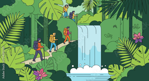 Adventurous hikers exploring a vibrant rainforest with a cascading waterfall scene