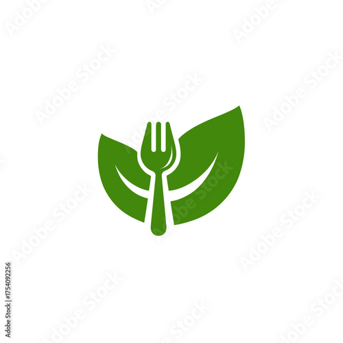 Green Leaf and Fork Logo for Healthy Organic Food, Vegetarian, Vegan, and Natural Nutrition Concepts. Simple Vector Illustration.