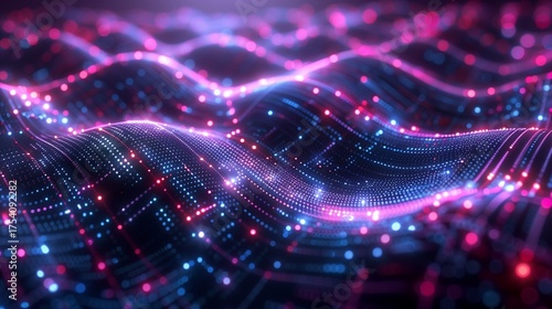 Abstract digital wave pattern with blue and pink neon lights, representing data flow and connectivity. The image has a futuristic and technological feel.