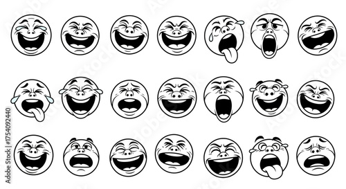 Array of emotional facial expressions with contrasting emotions and exaggerated features