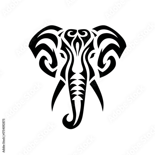 Abstract tribal elephant head vector art illustration. Decorative silhouette design with intricate patterns, majestic animal symbol for strength.