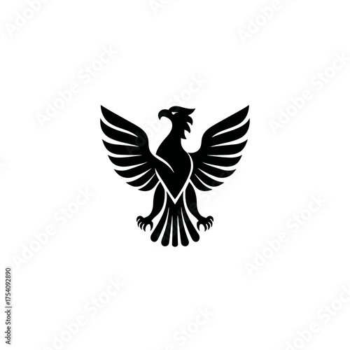 Powerful black eagle or bird of prey silhouette with wings spread wide, a majestic and iconic symbol of strength and freedom, vector graphic.