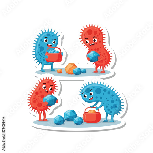 Cartoon microbes happily gathering and sorting colorful geometric shapes, working together.