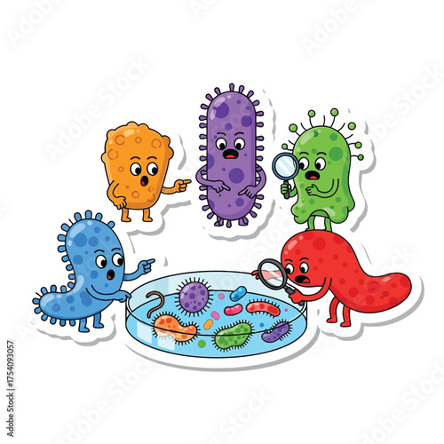 Cartoon microorganisms gather around a petri dish, examining and studying bacteria.