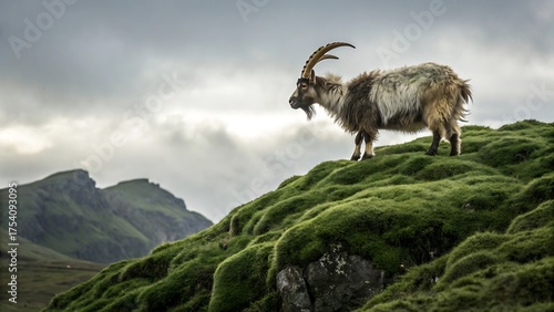 A magnificent mountain goat with large horns stands on a wild alpine rock
