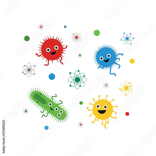 Cartoon illustration of various colorful microbes and atoms floating against a white background.