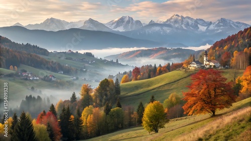 A scenic autumn mountain landscape featuring a vibrant forest, clear sky, and tranquil lake