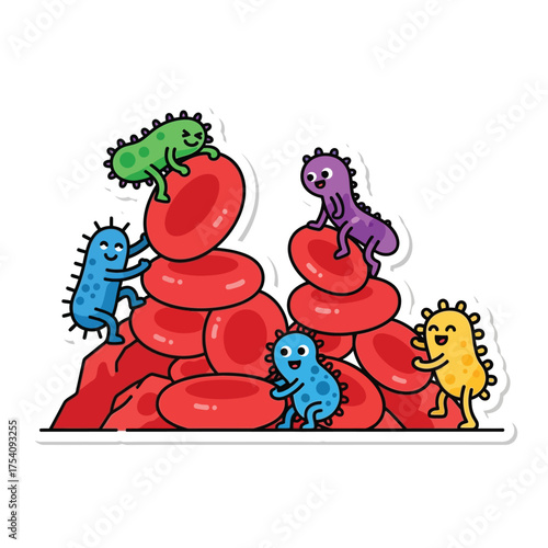 Cartoon microbes interact with a pile of red blood cells, some climbing and others smiling.