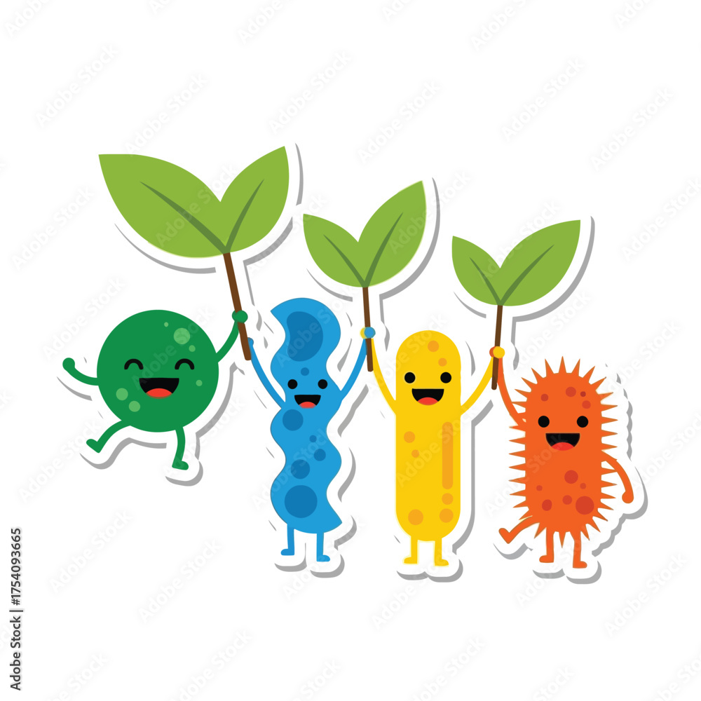 Obraz premium Cheerful cartoon microorganisms holding up leaves, representing growth and nature.