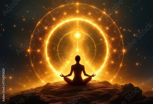 Silhouetted figure meditating in golden portal