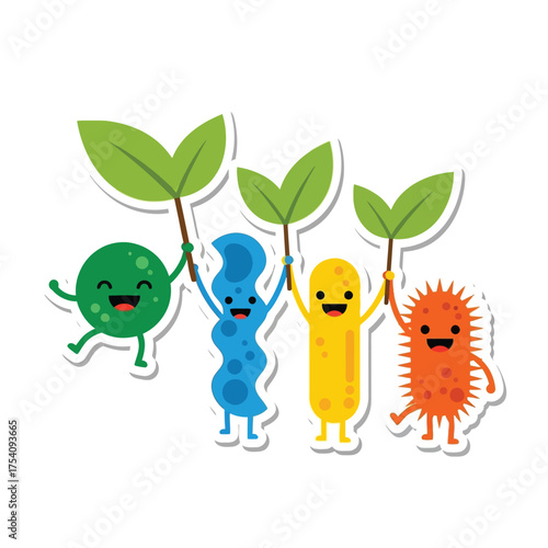 Cheerful cartoon microorganisms holding up leaves, representing growth and nature.