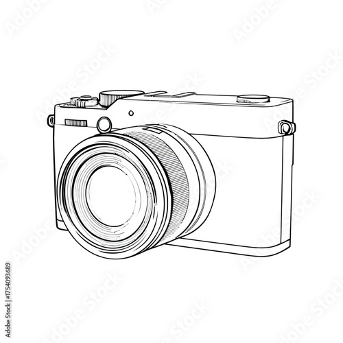 Detailed line art illustration of a modern compact digital camera with a lens. Perfect for photography, technology, and media concepts. Vector style.