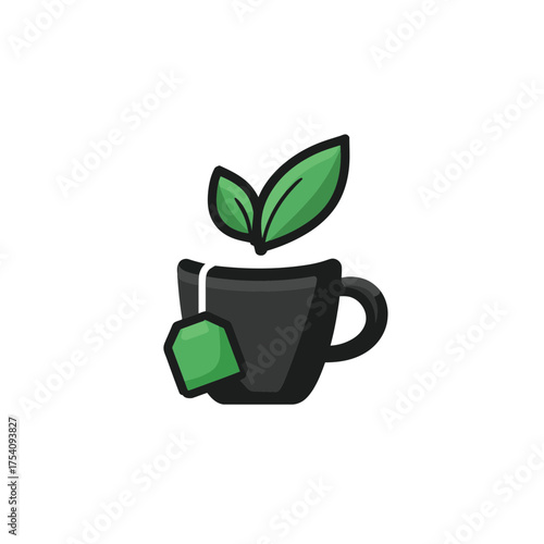 Minimalist black tea cup icon with fresh green leaves and a tea bag, symbolizing healthy herbal drink, natural beverage, and wellness.