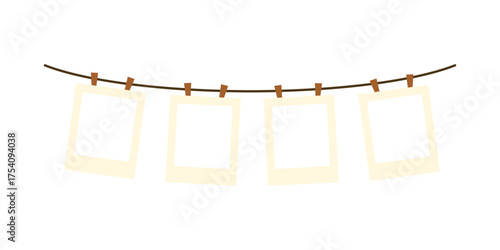 Hanging blank photo frame with string template. Flat decorative vector design isolated illustration.