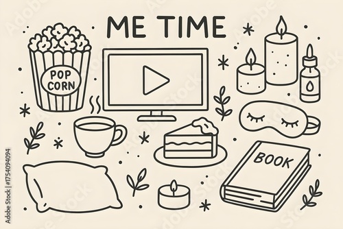 Me time set - watching a movie, popcorn, tea and cake. Relaxation items - aroma candles, essential oil, sleep mask, pillow, book. Self care, slow life concept. Hand-drawn illustration in doodle style.