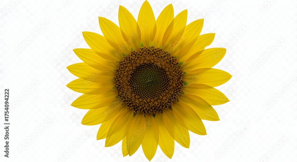 Fototapeta premium A vibrant sunflower, top-down view against a transparent background, detailed petals and center