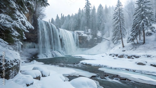 A stunning winter landscape captures a cold river winding through a snow-covered forest and mountains with a frozen waterfall cascade visible under a pale sky