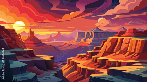 Flat minimal cartoon of Grand Canyon with deep red cliffs, layered rocks, and glowing sunset sky spreading over vast desert landscape.