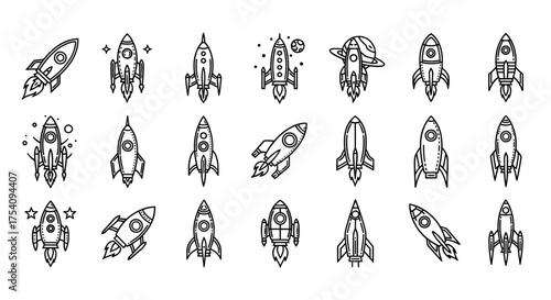 Collection of unique rocket ship icons in black and white for space exploration concepts