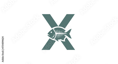 Monogram featuring the letter X creatively designed with a fish skeleton in an aqua hue