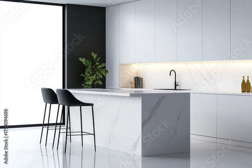 Minimalist kitchen with white cabinets, sleek design, and modern bar stools, creating serene atmosphere