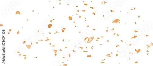 A pile of cookie crumbs overhead view on a white table. Bright yellow cookie pieces or crunchy bits on countertop. Scattered broken crushed nuts. Vector illustration.