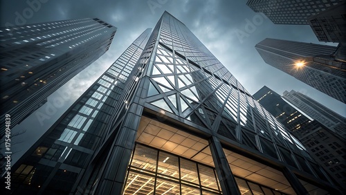 Modern glass skyscraper office tower building with a blue sky reflection in New York City downtown urban architecture