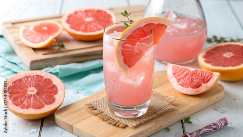 Freshly squeezed pink grapefruit juice and slices of citrus fruit on a white isolated background for a healthy diet and vitamin boost