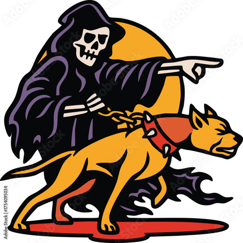 Grim Reaper Walking Dog Vintage Tattoo Vector Illustration