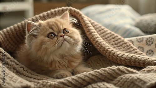 A cute small white Persian kitten with fluffy fur and beautiful blue eyes is a lovely domestic feline pet