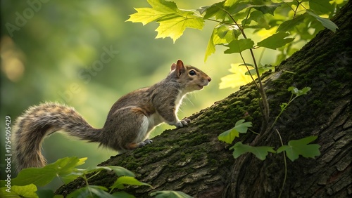 A cute grey squirrel with a bushy tail is eating a nut while standing on a tree in the park