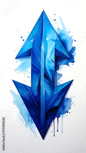 Abstract blue directional arrow illustration in an upward-downward configuration with watercolor effects