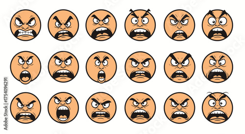 Varied expressions of angry emojis showcase different intensities of emotion, illustrating