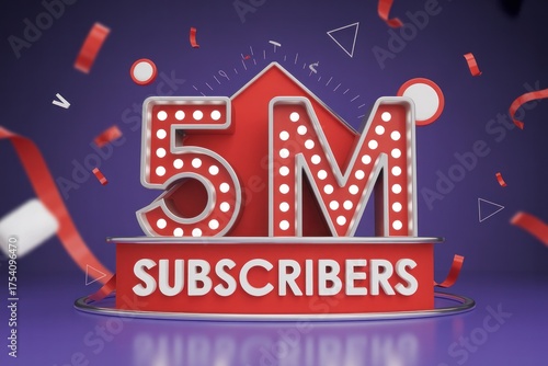 Five million subscribers celebration with confetti on purple background