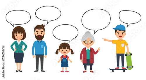Diverse cartoon family expressing thoughts in speech bubbles engaging in open dialogue