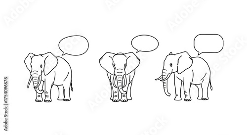 Outlined elephants communicating with speech bubbles conveying conversation between animals