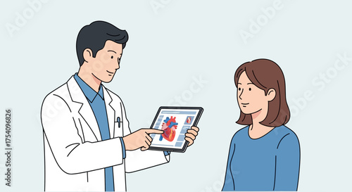 Doctor explaining heart condition to patient using a digital tablet for visual representation of