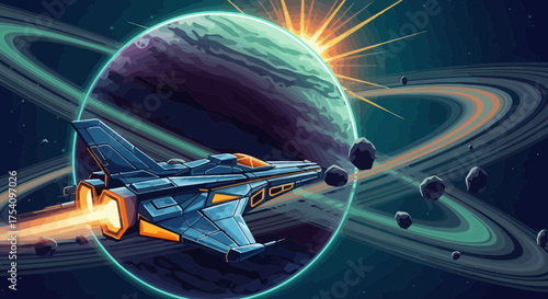 Futuristic spaceship cruising through space towards a ringed planet with vibrant starscapes
