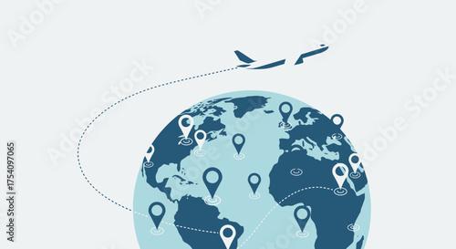 Global connections represented by an airplane and destination pins on a world map vector