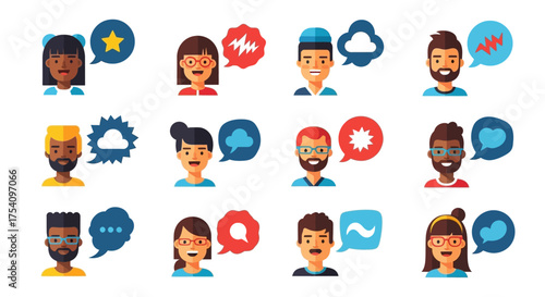 Diverse individuals in conversations using geometric speech bubbles on white background