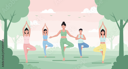 Group yoga session in nature with balanced poses and serene environment illustrating mindfulness