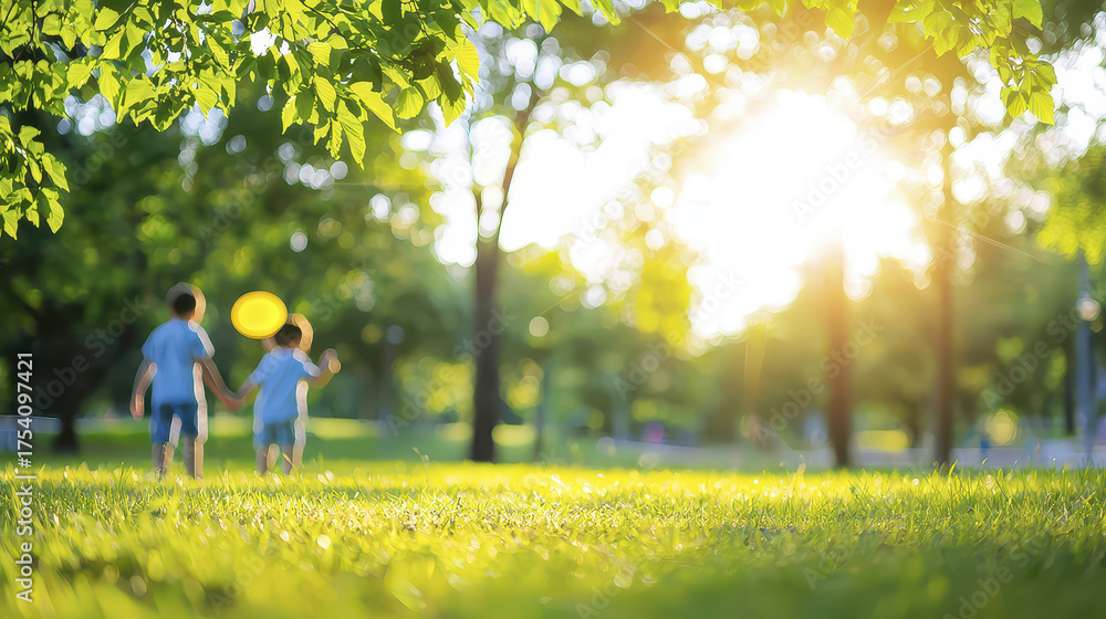 Obraz premium Children playing outdoors, holding hands, sunlight, green grass, trees, joyful moment, summer day