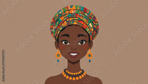 Ai Generate Cute African woman character in modern flat vector style, smiling face, colorful headwrap, traditional jewelry, minimal cartoon illustration Ai Generate .