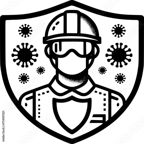 Guardian Against the Invisible: A resolute worker, protected by mask and shield, stands as a symbol of safety, safeguarding against unseen threats. A bold monochrome image.
